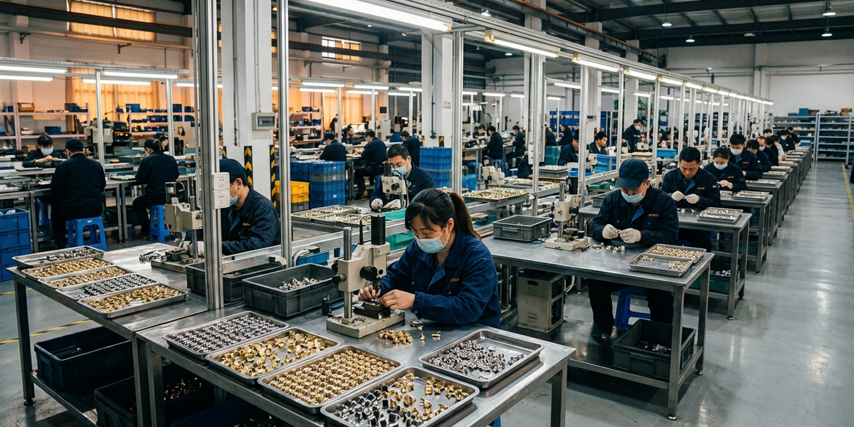 Inside our Guangzhou cufflink factory — precision stamping machines and quality inspection workbenches
