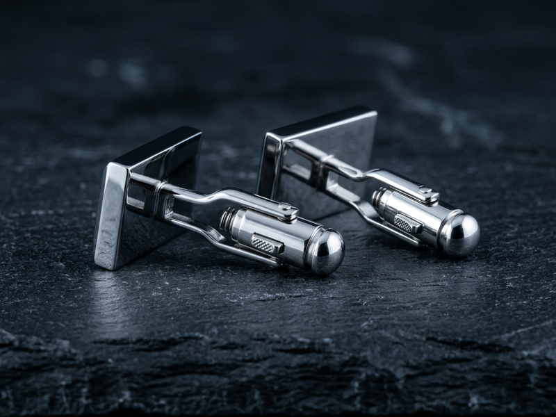 Pair of polished silver bullet-back cufflinks resting on dark slate surface